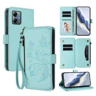 For Motorola Moto G Play 2025 Butterfly Love Flower Multi-card Zipper Wallet Leather Phone Case(Mint Green)