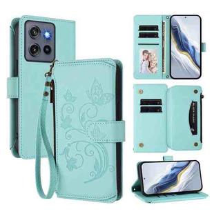 For Motorola Edge 50 Neo 5G Global Butterfly Love Flower Multi-card Zipper Wallet Leather Phone Case(Mint Green)