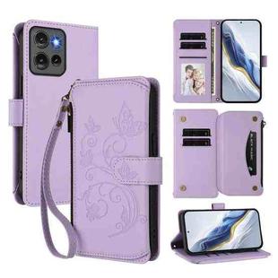 For Motorola Edge 50 5G Global Butterfly Love Flower Multi-card Zipper Wallet Leather Phone Case(Light Purple)