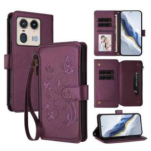 For Motorola Edge 50 Ultra Global Butterfly Love Flower Multi-card Zipper Wallet Leather Phone Case(Dark Purple)