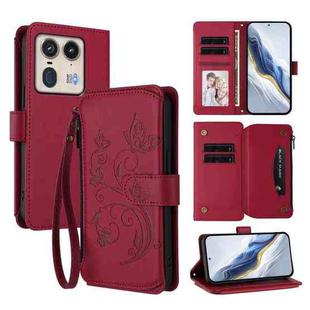 For Motorola Edge 50 Ultra Global Butterfly Love Flower Multi-card Zipper Wallet Leather Phone Case(Wine Red)