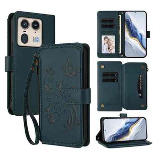 For Motorola Edge 50 Ultra Global Butterfly Love Flower Multi-card Zipper Wallet Leather Phone Case(Dark Green)
