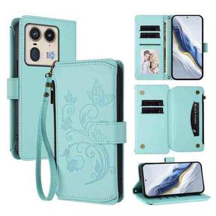 For Motorola Edge 50 Ultra Global Butterfly Love Flower Multi-card Zipper Wallet Leather Phone Case(Mint Green)