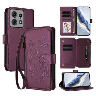 For Motorola Edge 50 Pro 5G Curved Butterfly Love Flower Multi-card Zipper Wallet Leather Phone Case(Dark Purple)