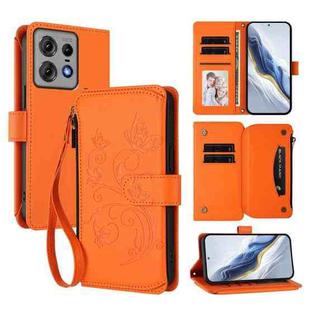 For Motorola Edge 50 Pro 5G Curved Butterfly Love Flower Multi-card Zipper Wallet Leather Phone Case(Orange)