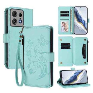 For Motorola Edge 50 Pro 5G Curved Butterfly Love Flower Multi-card Zipper Wallet Leather Phone Case(Mint Green)