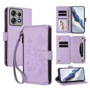 For Motorola Edge 50 Pro 5G Curved Butterfly Love Flower Multi-card Zipper Wallet Leather Phone Case(Light Purple)