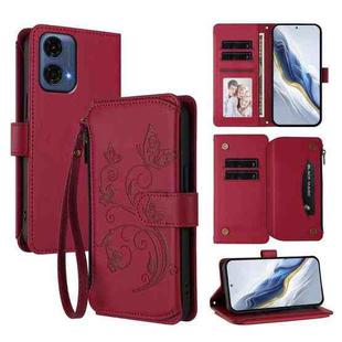 For Motorola Moto G24 Power India Butterfly Love Flower Multi-card Zipper Wallet Leather Phone Case(Wine Red)