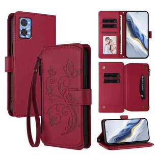 For Motorola Moto E22 4G / E22i 4G Butterfly Love Flower Multi-card Zipper Wallet Leather Phone Case(Wine Red)