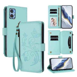 For Motorola Moto E22 4G / E22i 4G Butterfly Love Flower Multi-card Zipper Wallet Leather Phone Case(Mint Green)