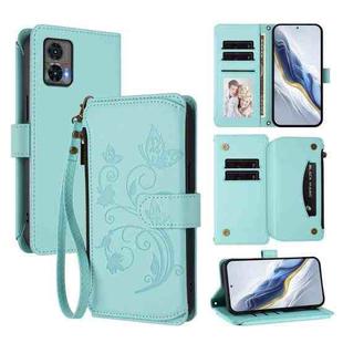 For Motorola Edge 30 Neo Butterfly Love Flower Multi-card Zipper Wallet Leather Phone Case(Mint Green)