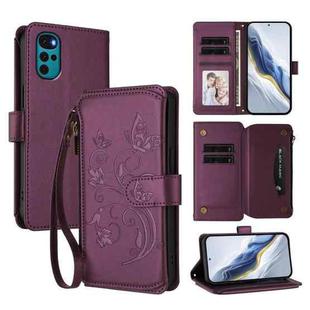 For Motorola Moto G22 4G / E32s Butterfly Love Flower Multi-card Zipper Wallet Leather Phone Case(Dark Purple)