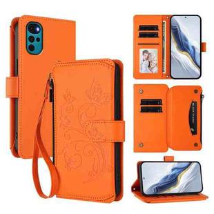 For Motorola Moto G22 4G / E32s Butterfly Love Flower Multi-card Zipper Wallet Leather Phone Case(Orange)