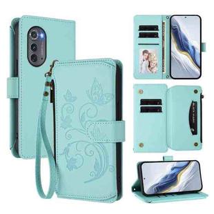 For Motorola Edge 2022 / 5G UW 2022 Butterfly Love Flower Multi-card Zipper Wallet Leather Phone Case(Mint Green)