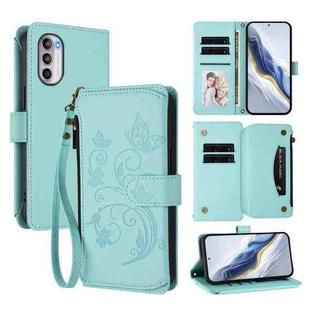 For Motorola Moto G52 4G / G82 5G Butterfly Love Flower Multi-card Zipper Wallet Leather Phone Case(Mint Green)