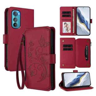 For Motorola Edge 30 Butterfly Love Flower Multi-card Zipper Wallet Leather Phone Case(Wine Red)