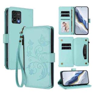 For Motorola Moto G72 Butterfly Love Flower Multi-card Zipper Wallet Leather Phone Case(Mint Green)