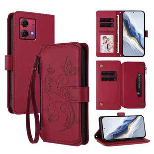 For Motorola Moto G84 5G Butterfly Love Flower Multi-card Zipper Wallet Leather Phone Case(Wine Red)