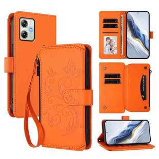 For Motorola Moto G54 5G / G64 India Butterfly Love Flower Multi-card Zipper Wallet Leather Phone Case(Orange)