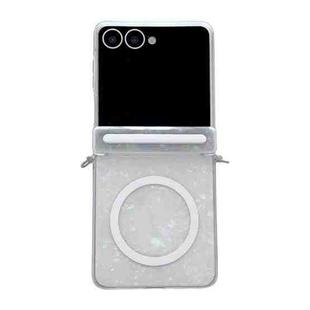 For Samsung Galaxy Flip7 5G Side Buckle Axis Pearlescent Shell Texture MagSafe Phone Case(Beige)