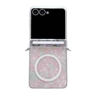 For Samsung Galaxy Flip7 5G Side Buckle Axis Pearlescent Shell Texture MagSafe Phone Case(Pink Green)