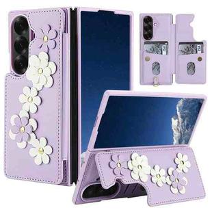 For Samsung Galaxy Z Fold7 5G Crossbody Flower Pattern Leather Phone Case(Purple)