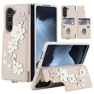 For Samsung Galaxy Z Fold5 Crossbody Flower Pattern Leather Phone Case(White)