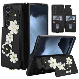 For Samsung Galaxy Z Fold5 Crossbody Flower Pattern Leather Phone Case(Black)
