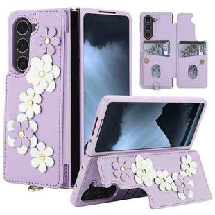 For Samsung Galaxy Z Fold5 Crossbody Flower Pattern Leather Phone Case(Purple)