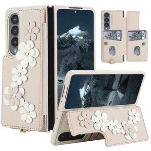 For Samsung Galaxy Z Fold4 Crossbody Flower Pattern Leather Phone Case(White)