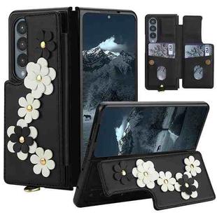 For Samsung Galaxy Z Fold4 Crossbody Flower Pattern Leather Phone Case(Black)