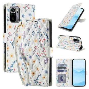 For Redmi Note 10 4G Global Flower Pattern Buckle Leather Phone Case with Lanyard(Blue Flowers)