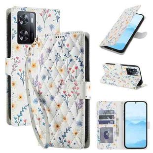 For OPPO A57 4G Global Flower Pattern Buckle Leather Phone Case with Lanyard(Blue Flowers)