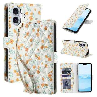 For iPhone 17 Flower Pattern Buckle Leather Phone Case with Lanyard(Orange Flowers)