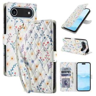 For iPhone 17 Air Flower Pattern Buckle Leather Phone Case with Lanyard(Blue Flowers)
