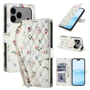 For iPhone 17 Pro Flower Pattern Buckle Leather Phone Case with Lanyard(Pink Flowers)