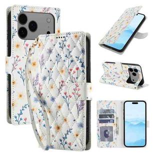For iPhone 17 Pro Flower Pattern Buckle Leather Phone Case with Lanyard(Blue Flowers)