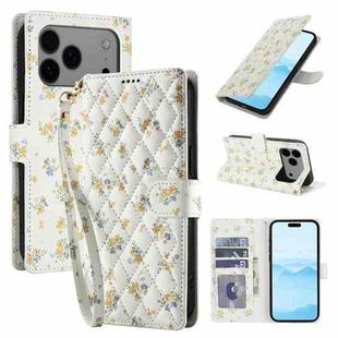 For iPhone 17 Pro Flower Pattern Buckle Leather Phone Case with Lanyard(Yellow Flowers)