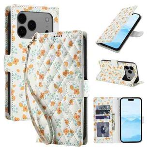 For iPhone 17 Pro Max Flower Pattern Buckle Leather Phone Case with Lanyard(Orange Flowers)