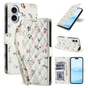 For iPhone 16 Flower Pattern Buckle Leather Phone Case with Lanyard(Pink Flowers)