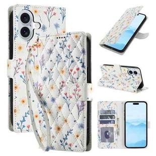 For iPhone 16 Flower Pattern Buckle Leather Phone Case with Lanyard(Blue Flowers)