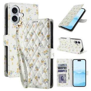 For iPhone 16 Flower Pattern Buckle Leather Phone Case with Lanyard(Yellow Flowers)