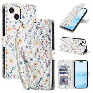 For iPhone 15 Plus / 14 Plus Flower Pattern Buckle Leather Phone Case with Lanyard(Blue Flowers)