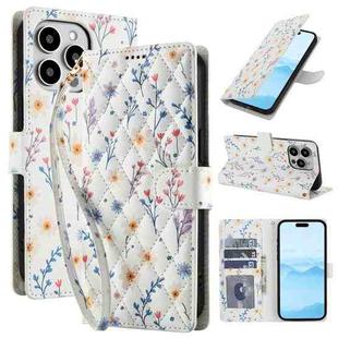 For iPhone 15 Pro Flower Pattern Buckle Leather Phone Case with Lanyard(Blue Flowers)