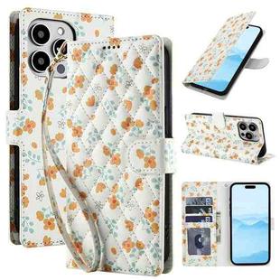 For iPhone 15 Pro Flower Pattern Buckle Leather Phone Case with Lanyard(Orange Flowers)