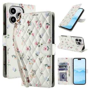 For iPhone 14 Pro Max Flower Pattern Buckle Leather Phone Case with Lanyard(Pink Flowers)
