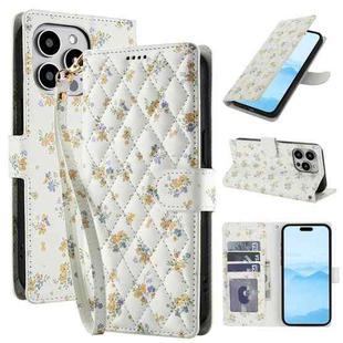 For iPhone 14 Pro Max Flower Pattern Buckle Leather Phone Case with Lanyard(Yellow Flowers)