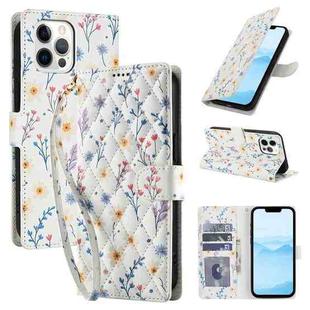 For iPhone 12 / 12 Pro Flower Pattern Buckle Leather Phone Case with Lanyard(Blue Flowers)