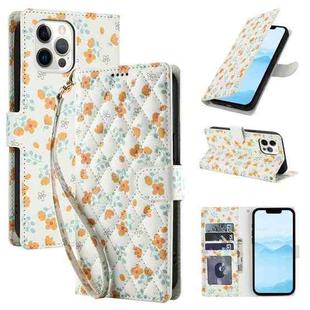 For iPhone 12 / 12 Pro Flower Pattern Buckle Leather Phone Case with Lanyard(Orange Flowers)