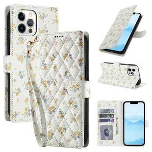 For iPhone 12 / 12 Pro Flower Pattern Buckle Leather Phone Case with Lanyard(Yellow Flowers)